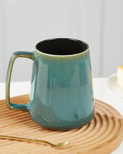 HYTYSKAR 24 OZ Extra Large Ceramic Coffee Mug, with Spoon and Wooden Lid, Big Tea Cups with a Large Handle for Office and Home, Microwave and Dishwasher Safe (24 oz Green Set)