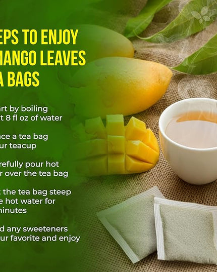 FreshDrinkUS, Premium 100 Mango Leaf Tea Bags, Hojas de Mango secas, 100% Natural & Pure, Loose Leaf Herbal Tea. Non GMO, No Sugar, No Caffeine, No Gluten, Vegan