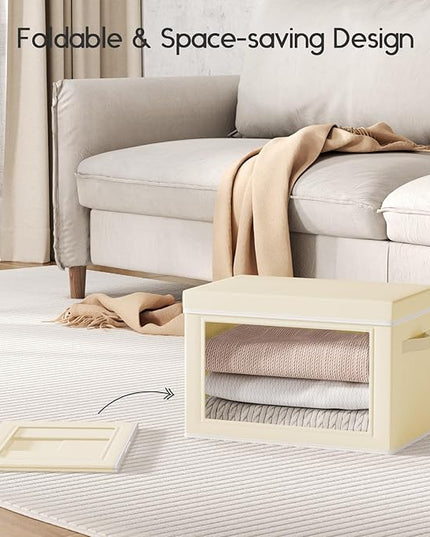 Collapsible Storage Bins with Lids - Stackable Storage Containers with Window, 1 Pack Fabric Organizing Bins for Closet, Home & Office Organization Baskets, Beige, 14.9" x 9.8" x 9.8"