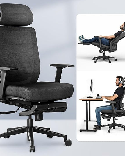 FLEXISPOT OC3 Cloud Ergonomic Office Chair with Footrest, Mesh Back Computer Chair, Home Office Desk Chairs, with Adjustable Lumbar Support/3D Headrest/Reliable Base, Elastic Foam Seat, Black, Cloud-F