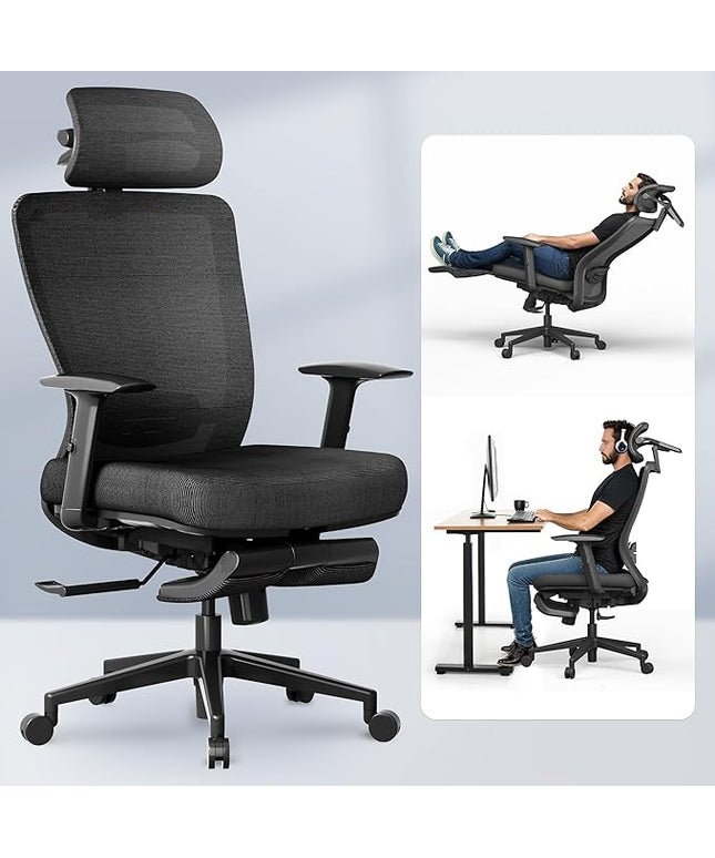 FLEXISPOT OC3 Cloud Ergonomic Office Chair with Footrest, Mesh Back Computer Chair, Home Office Desk Chairs, with Adjustable Lumbar Support/3D Headrest/Reliable Base, Elastic Foam Seat, Black, Cloud-F