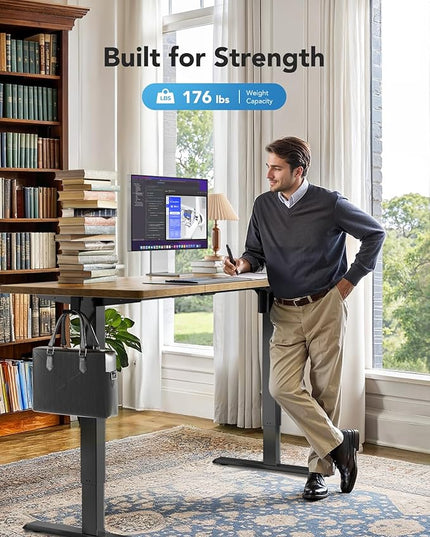 HUANUO 63 x 24 inch Electric Standing Desk, Height Adjustable Table with Headphone Hooks & Cable Manager, Sit to Stand up Desk for Home Office, Vintage Brown