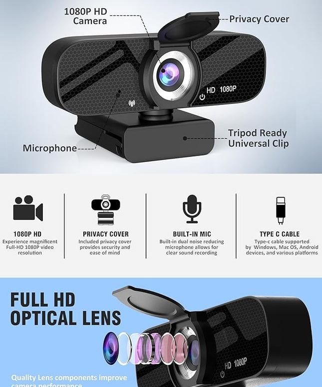 1080P HD Webcam with Built-in Microphone, Rotatable Tripod, Wide-Angle Lens,Privacy Cover, Auto Light Correction, Plug & Play USB-A Webcam for Laptop, Desktop, PC, Streaming-Black