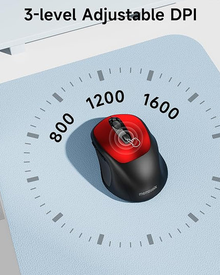 memzuoix Wireless Mouse, 2.4GHz Nano Receiver, 3 DPI Levels (800/1200/1600), 6 Buttons, Compatible with PC/Mac/Laptop - Red