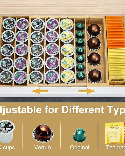 MinBoo Bamboo K Cup Holder for Drawer or Countertop Coffee Pod Holder Expandable K Cup Pod Storage Tea bag organizer K Cup Storage for Coffee Station Home Office and Kitchen
