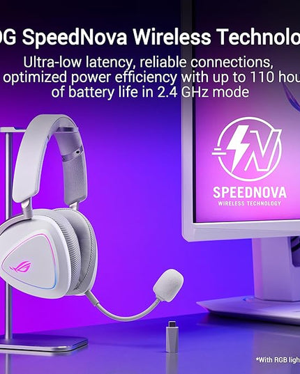 ASUS ROG Delta II Wireless Gaming Headset with Detachable Mic – Tri-Mode (BT, 2.4GHz, 3.5mm), 50mm Titanium-Plated Drivers, 110Hr Battery, Lightweight, for PC, PS5, PS4, Xbox, Switch, Mobile - White
