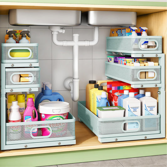 Under Sink Organizer, 2-Pack 3-Tier Height Adjustable Thickened Metal Pull out Cabinet Organizer Shelf, Slide out Storage Drawer Rack for Bathroom Kitchen Pantry Home Organization, LightBlue