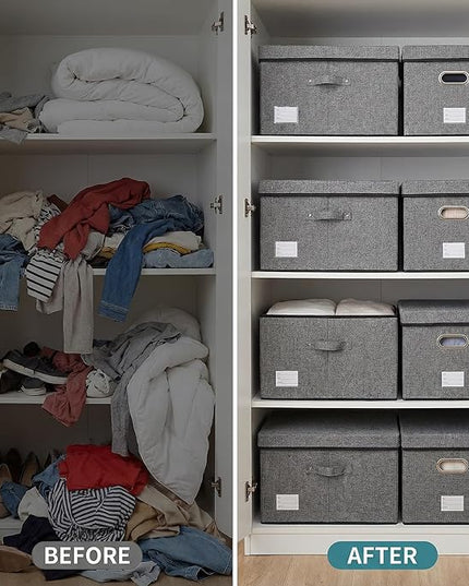 PRANDOM Storage Bins with Lids [3-Pack] Linen Fabric Foldable Storage Boxes Organizer Containers Baskets Cube with Cover Grey(23.4X15.9X11.4)
