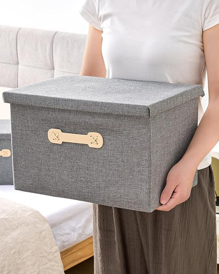 Enzk&Unity Decorative Storage Boxes with Lids, 3 Pack Grey Fabric Storage Bins with Handle, Foldbale and Stackable Storage Boxes for Shelf, Closet, Bedroom, Living Room