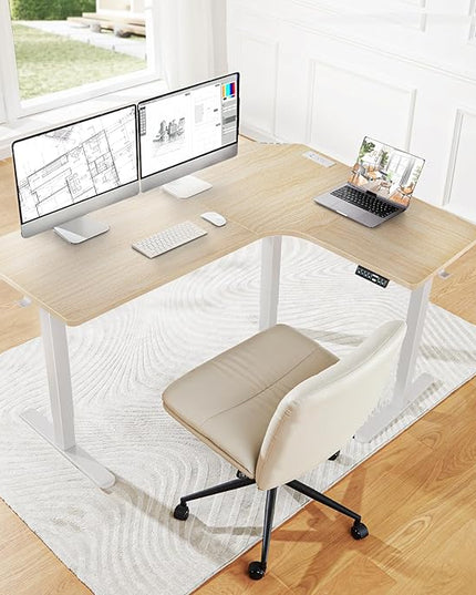 HUANUO 63″ Dual Motor L-Shaped Standing Desk, Built-in Power Outlets, Electric Height Adjustable Corner Computer Desk, Large Power Strip Holder, Sit Stand Up Desk with 3 Preset Heights, Natural Wood