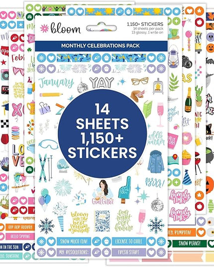 bloom daily planners Monthly Celebrations Planner Stickers for Calendar Decorating, Planning, Scrapbooking - Holiday, Seasonal, & General Events (14 Sheets, 1,100+ Stickers per Pack)
