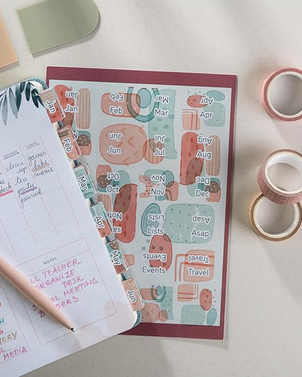 DiverseBee Laminated Planner - 24 Peel and Stick Tabs (12 Monthly, 4 Blank) - Geometric Dividers