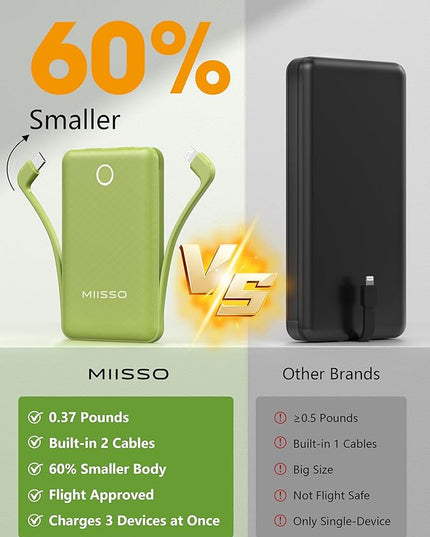 miisso 10000mAh Mini Portable Charger with Built in Cable, Pocket Size Power Bank Travel External Battery Pack for Phone, 3 Output USB Type C Cord Clutch Compatible with iPhone, Samsung, Green