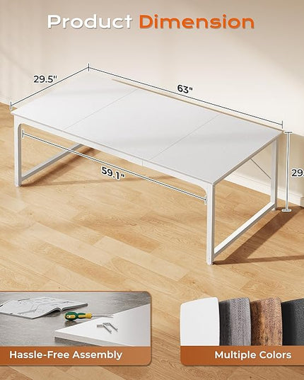 PRAISUN 63 x 29.5 Inch Computer Desk with Deeper Desktop, Gaming Office Writing Work Desk for Home Office, Study, Bedroom, Work from Home, Metal Frame, White