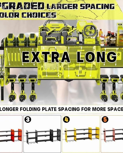 45" Large Power Tool Organizer Wall Mount with Charging Station - 3 Layer Storage Racks with 8 Cordless Drill Holder, 4 Hooks, Heavy Duty Garage Tool Organizer Storage for Workshop Pegboard Basement