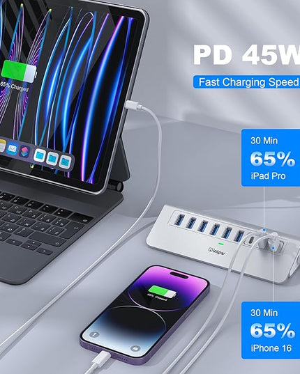 Powered USB Hub 10Gbps, intpw 9-Port USB 3.2 Hub, USB C Hub with USB A/USB C 3.2, 4 USB 3.0, 2 PD 45W Charging Ports, 65W Power Adapter and 3.3FT Cable, Aluminum USB Hub for Laptop, iPhone 17/16/15，PC