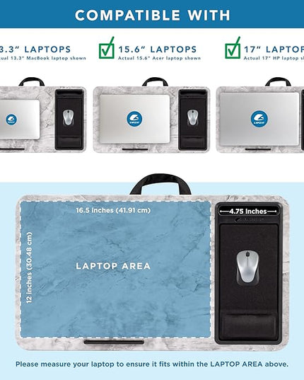LAPGEAR Extra Large Adjustable Lap Desk – Fits Laptops up to 17.3”, Adjustable Cushion, Memory Foam Wrist Rest, Mouse Pad, Device Ledge, & Phone Slot – White Marble - Style No. 88101