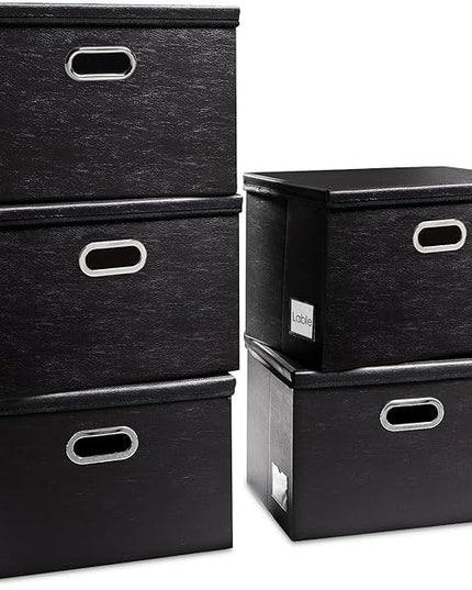 PRANDOM Foldable Storage Bins with Lids [5-Pack] Leather Fabric Collapsible Storage Boxes Organizer Containers Baskets Cube with Cover for Bedroom Closet Office Nursery Black (14.9x10.8x10)