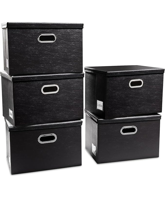 PRANDOM Foldable Storage Bins with Lids [5-Pack] Leather Fabric Collapsible Storage Boxes Organizer Containers Baskets Cube with Cover for Bedroom Closet Office Nursery Black (14.9x10.8x10)