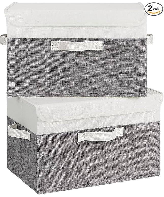 GRANNY SAYS Fabric Storage Boxes, Memory Keepsake Box, Large Storage Bins with Lids, Closet Organizers, Toy Box, Storage Baskets for Shelves, White/Gray, 2-Pack