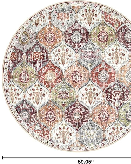 Lahome Moroccan Trellis Washable Round Area Rug, Round Rug 5ft Soft Non-Slip, Non-Shedding Distressed Circle Carpet for Bedroom Living Room Bathroom Nursery Kitchen, Orange/Terracotta