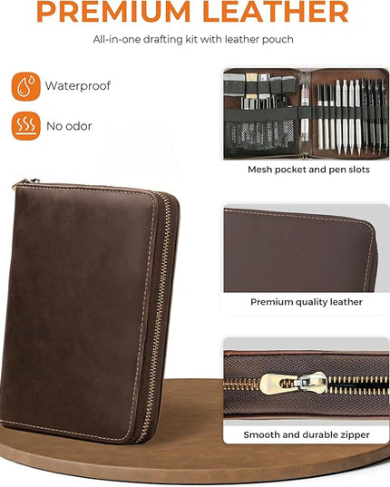 STAGEEK 45PCS Black & Silver Metal Mechanical Pencil Set in Leather Case, 0.5, 0.7, 0.9, 2.0mm Drafting Pencils with 28 Tubes(6B 4B 2B HB 2H 4H & Colors)Lead Refills for Art Drawing, Sketching,Writing