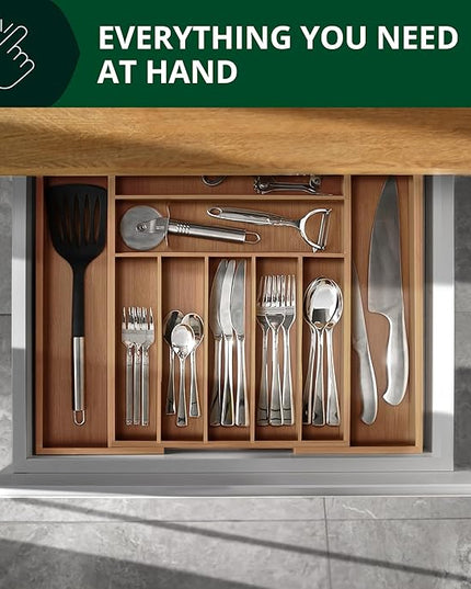 ROYAL CRAFT WOOD Luxury Bamboo Kitchen Drawer Organizer - Silverware Organizer - Utensil Holder and Cutlery Tray with Grooved Drawer Dividers for Flatware and Kitchen Utensils (9 Slot, Brown Bamboo)