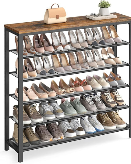 VASAGLE 6-Tier Shoe Rack, Shoe Organizer for Closet, Entryway, 24-30 Pairs of Shoes, Large Shoe Rack Organizer with 5 Metal Mesh Shelves, 11.8 x 39.4 x 43.3 Inches, Rustic Brown and Black ULBS016B01