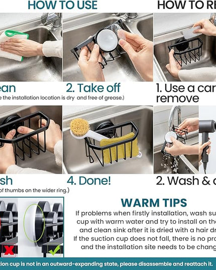 TAILI Sponge Holder with Strong Suction Cup, Dish Sponge Caddy Inside Sink Removable, Rustproof Aluminum for Sponges, Brushes, Stoppers and Scrapers - Black