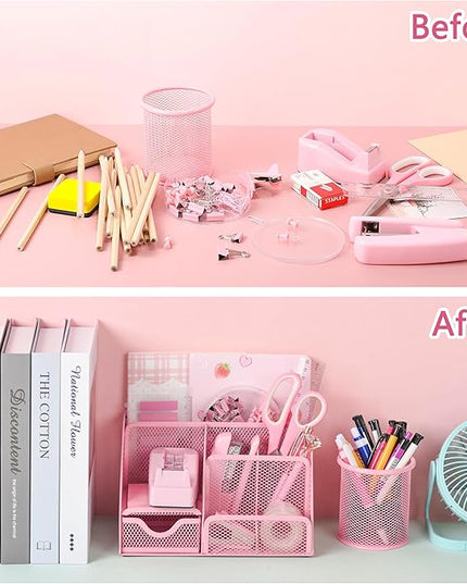 Pink Office Desk Accessories Supplies, 12pcs Desk Organizers and Accessories with Tape dispenser and Stapler,Staples,Staple Remover,Pen Holder,Scissor,Ruler,Sticky Tabs,Tape,Ballpoint Pen,Clips Set