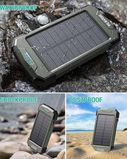 BLAVOR Solar Power Bank 10,000mAh, Portable Wireless Charger, 20W Fast Charging External Battery Pack with USB C for Cell Phones, Solar Panel Charging with Dual Flashlight for Camping