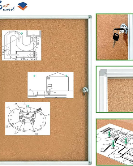 Pinboard Enclosed Bulletin Board 36 x 24 Inch Lockable Cork Noticeboard for School Office, Wall Display Case with Lock (Cork Board)