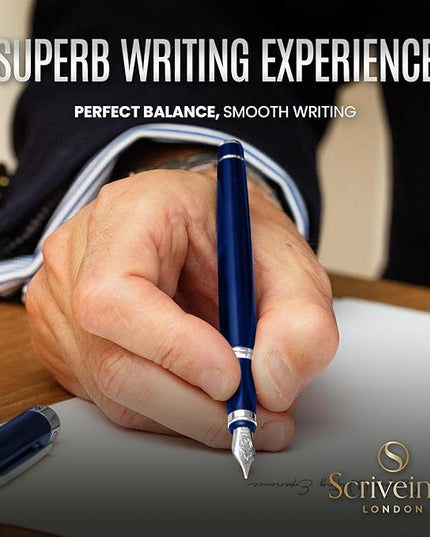 Scriveiner Midnight Blue Fountain Pen - Stunning Luxury Pen with Chrome Appointments, Schmidt Nib (Fine), Best Pen Gift Set for Men & Women, Professional, Executive, Office, Nice Pens