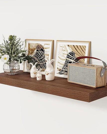 Floating Shelves 36 Inch Long, 12 Inch Deep Floating Shelves for Wall, 36 x 12 Shelves for Wall Storage & Display, 2" Thick Floating Shelf for Bathroom, Living Room, Bedroom, Walnut Color, Set of 1