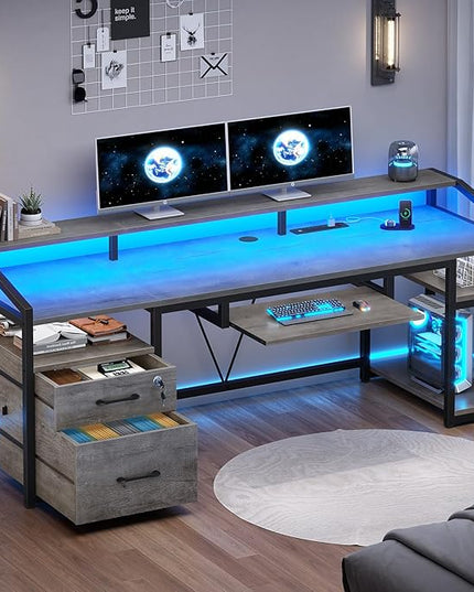 SEDETA 63" Computer Desk, Office Desk with Lockable Drawers for Legal/Letter File, Gaming Desk with LED Lights & Power Outlet, Home Office Desks with Storage, Grey