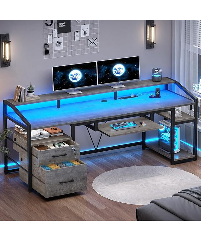 SEDETA 63" Computer Desk, Office Desk with Lockable Drawers for Legal/Letter File, Gaming Desk with LED Lights & Power Outlet, Home Office Desks with Storage, Grey