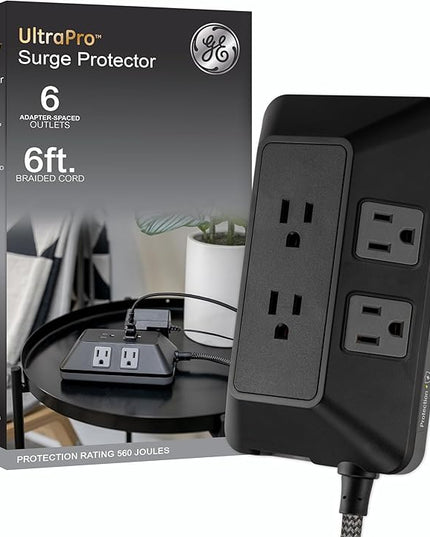GE 6-Outlet Surge Protector, 6 Ft Braided Extension Cord Power Strip, Flat Plug, Adapter Spaced, Multi Plug Outlet Extender, for Home, School, and Office, 560J, Black - 70614
