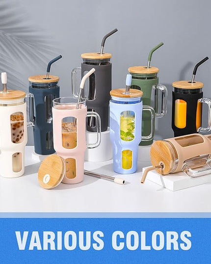 Glass Tumbler with Lid and Straw, 46 oz Iced Coffee Cup with Handle, Large Water Bottles with Silicone Sleeve, Glass Cup with Straws - Pearl Straw & Drinking Straw BPA Free-Glacier