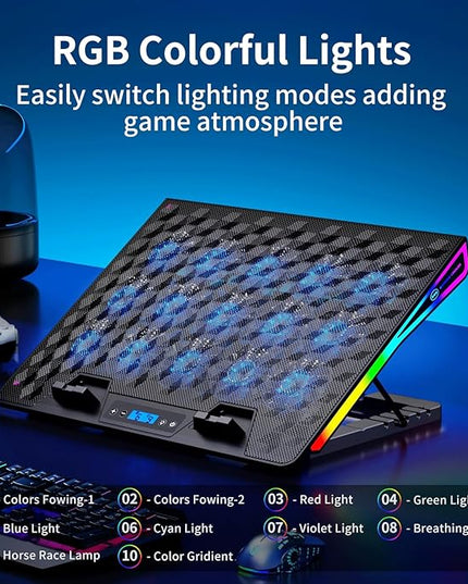 KeiBn Laptop Cooling Pad, Gaming Laptop Fan Cooling Pad with 15 Quiet Fans, RGB Laptop Cooler for 10-17.3 Inch, 4 Height Stands, 2 USB Ports - Blue