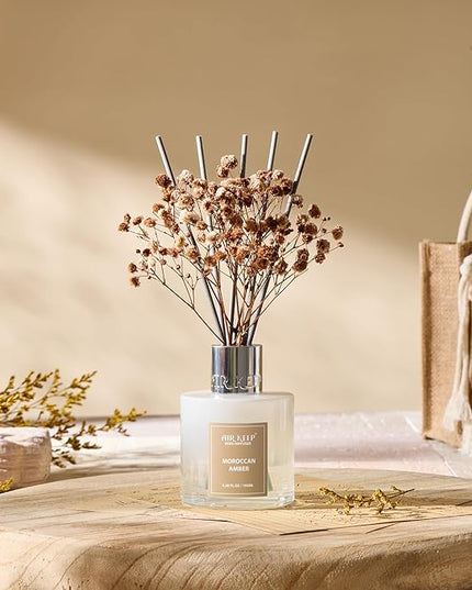 Airkeep Reed Diffuser Set,3.38 fl oz (100 ml) - Moroccan Amber Oil Diffusers with 8 Reed Sticks, Home Fragrance Reed Diffuser for Bathroom Shelf Decor