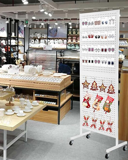 Eastern Tree Metal Pegboard Display Stand 2'x 5' with 30 Hooks, Pegboard Panels Display with Wheels, Peg Board Display Rack, Standing Pegboard Display- White