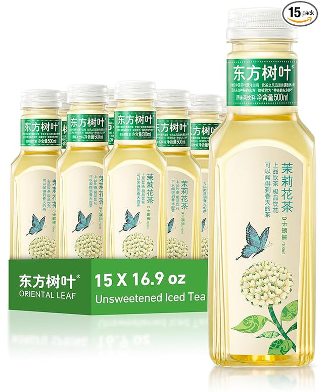 ORIENTAL LEAF Unsweetened Iced Tea – Bottled Jasmine Green Tea, 16.9 FL oz bottles (Pack of 15), Sugar Free, 0 Calories