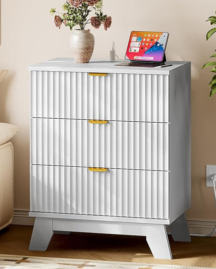 BORNOON 30.5" Nightstand with Charging Station, 3-Drawer Fluted Bedroom Chest, Wood Bedside Dresser with Power Outlets and USB Ports, Metal Slides, Stable Base, Modern Storage Cabinet for Small Spaces
