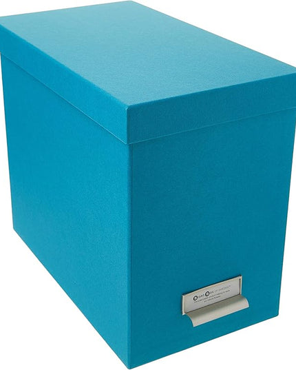 Bigso John Fiberboard Label Frame Desktop File Storage Box - Document Organizer for Important Paperwork - Durable Hanging File Box with a Lid & Metal Label Window - 7.36 x 13.38 x 10.51 in - Turquoise