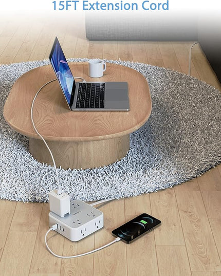 TESSAN Surge Protector Power Strip 15 Ft Cord, 8 Widely Spaced Outlets, 3 USB Charger(1 USB C Port), Ultra Thin Flat Plug Extension Cord 15 Feet, 900J Surge Protection for Home, Dorm Room Essentials