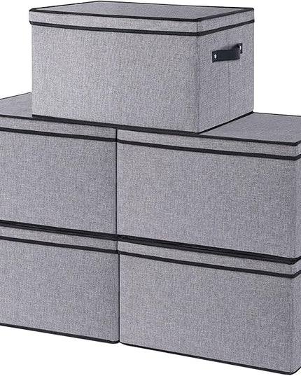Storage Bins with Lids, 7.1 x 9.1 x 13 Inch Closet Organizers for Shoes Towels Books, Storage Boxes with Handles, Gray, 5-Pack