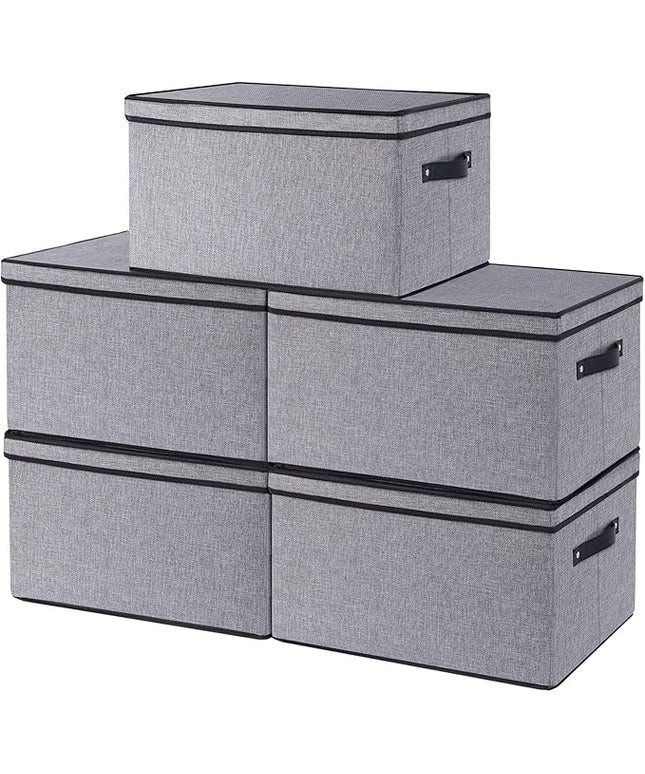 Storage Bins with Lids, 7.1 x 9.1 x 13 Inch Closet Organizers for Shoes Towels Books, Storage Boxes with Handles, Gray, 5-Pack