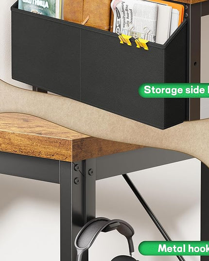L Shaped Desk with 0.95 Inch Thicker Desktop & Storage Bag, Computer Desk with Power Outlets & Lights, Reversible Gaming Desk for Home Office, Corner Desk, Study Room, Living, Bedroom, Brown