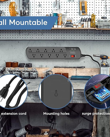 Extension Cord with Multiple Outlets, Surge Protector Power Strip with USB, 6ft Power Cord, 10 Wide Outlets, 2 USB+1 USB C Fast Charging Ports, Wall Mount, Heavy Duty, Home, Office Accessories