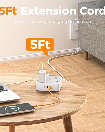 Surge Protector Power Strip, TESSAN Flat Plug Extension Cord with Multiple Outlets, 8 AC Outlets, 3 USB Ports(2 USB C), 5 Ft, 900 Joules Protection, 3-Sided Charging Station for Home Office Dorm Room